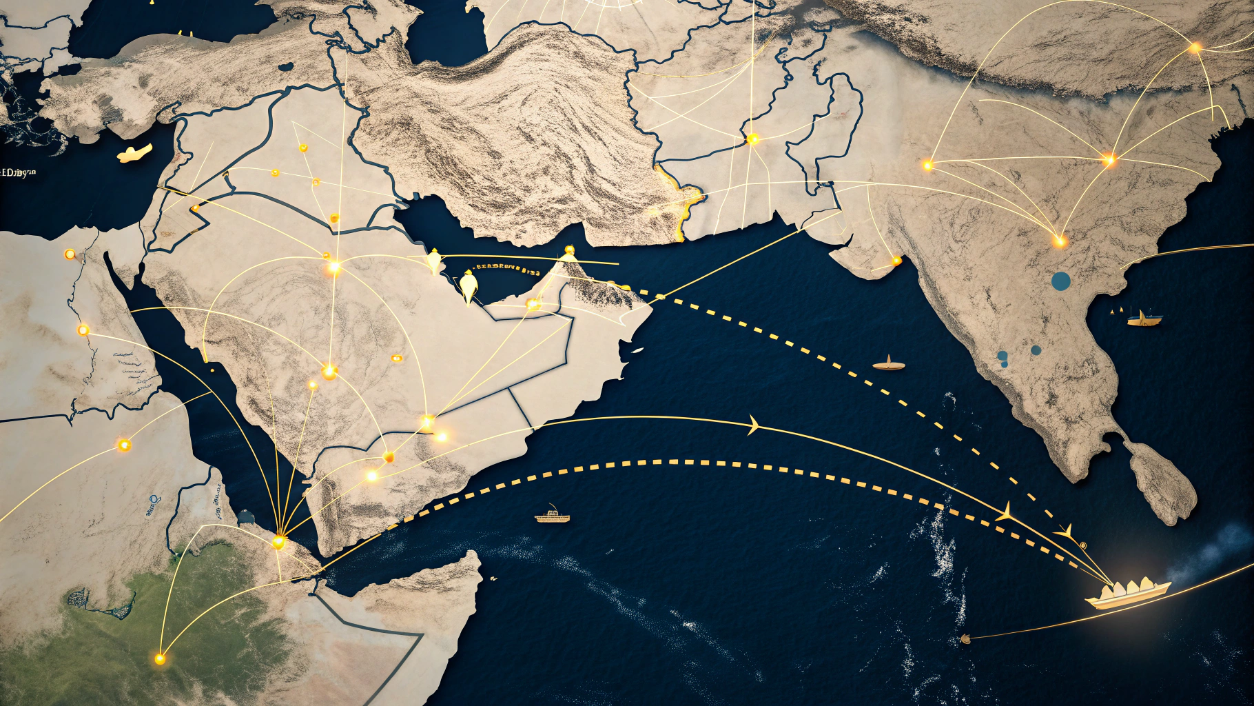 Maritime commercial shipping routes across Asia and the Middle East